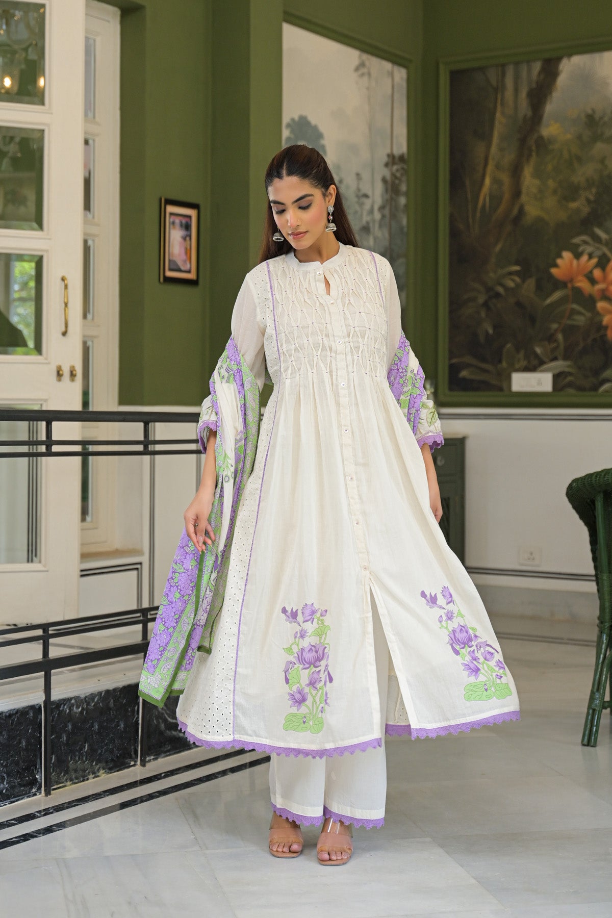 Purple Mul Mul Embroidered Anarkali Suit Set With Dupatta