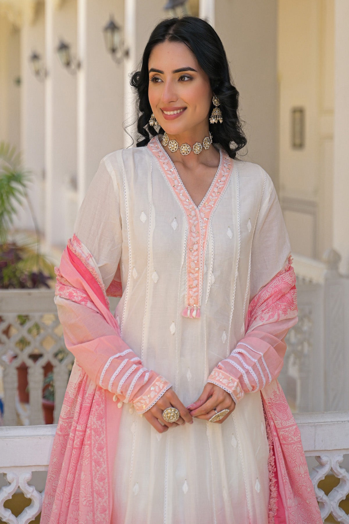 Pink Ombre  Mul Mul Embroidered Anarkali Suit Set With Dupatta