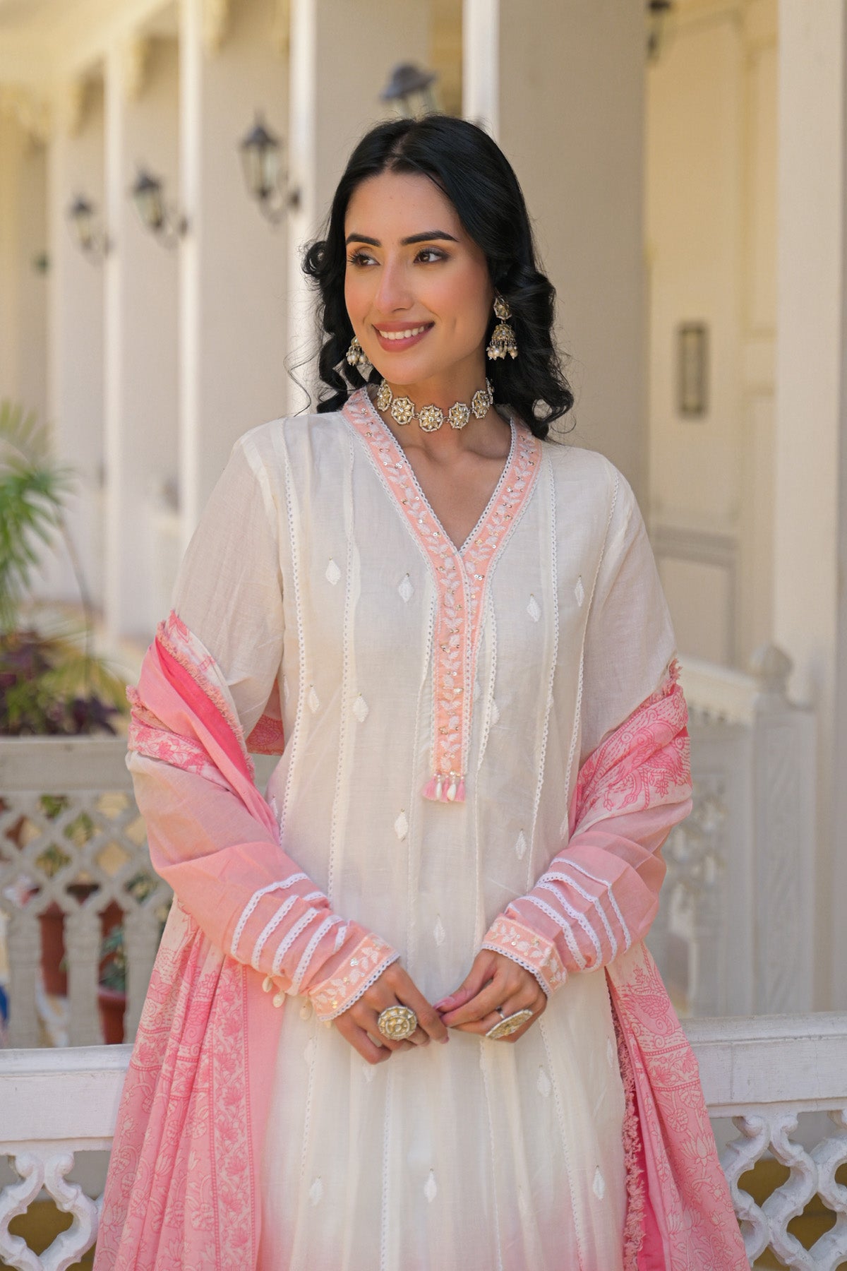 Pink Mul Mul Embroidered Anarkali Suit Set With Dupatta