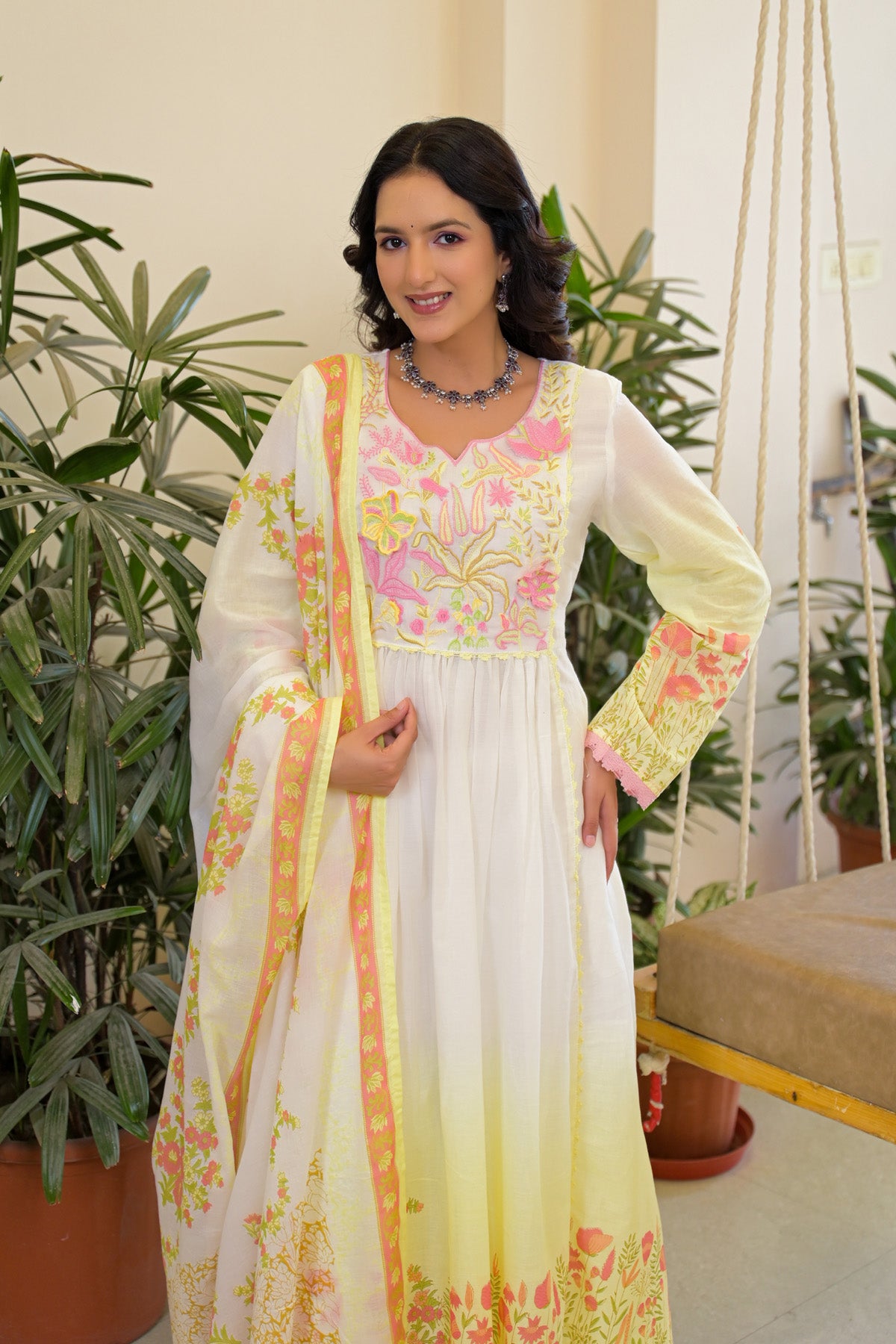 Yellow Mul Mul Embroidered Anarkali Suit Set With Dupatta