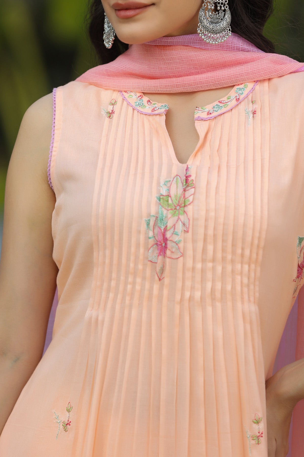 Peach Mul Mul Embroidered Anarkali Suit Set With Dupatta