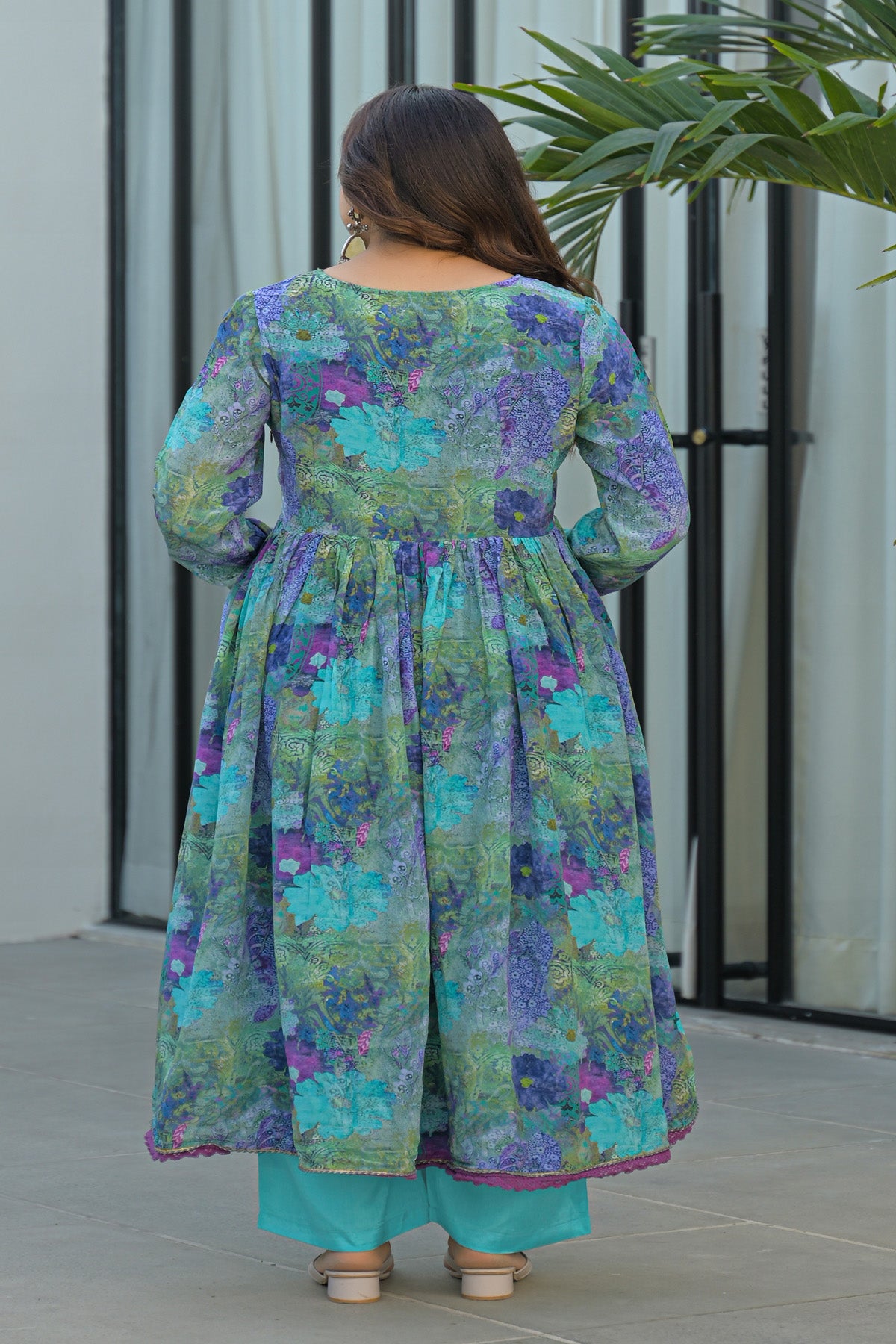 Blue Chinon Silk Handwork Anarkali Suit Set With Dupatta