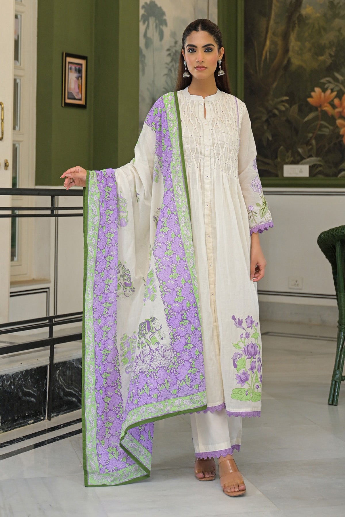 Purple Mul Mul Embroidered Anarkali Suit Set With Dupatta