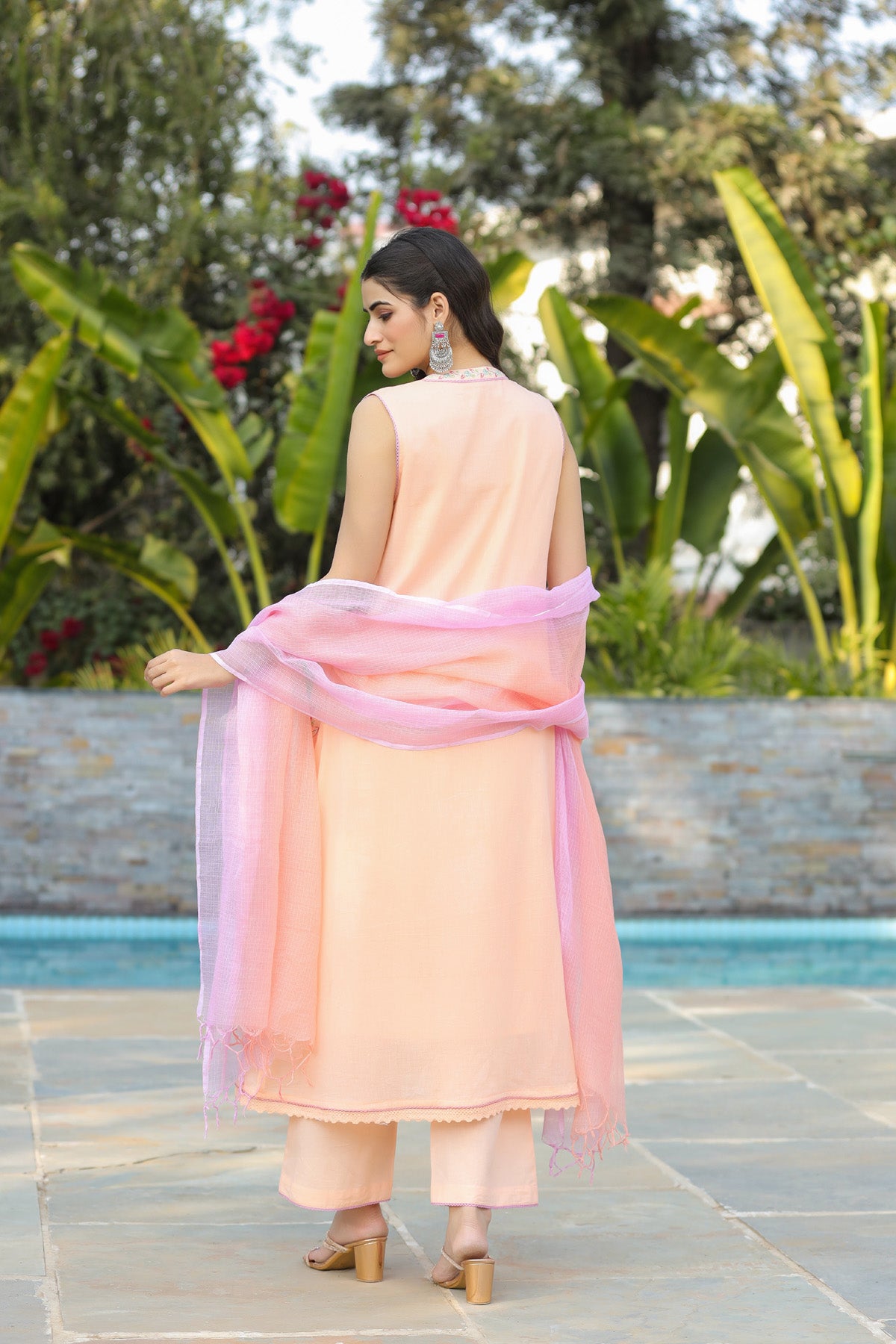 Peach Mul Mul Embroidered Anarkali Suit Set With Dupatta