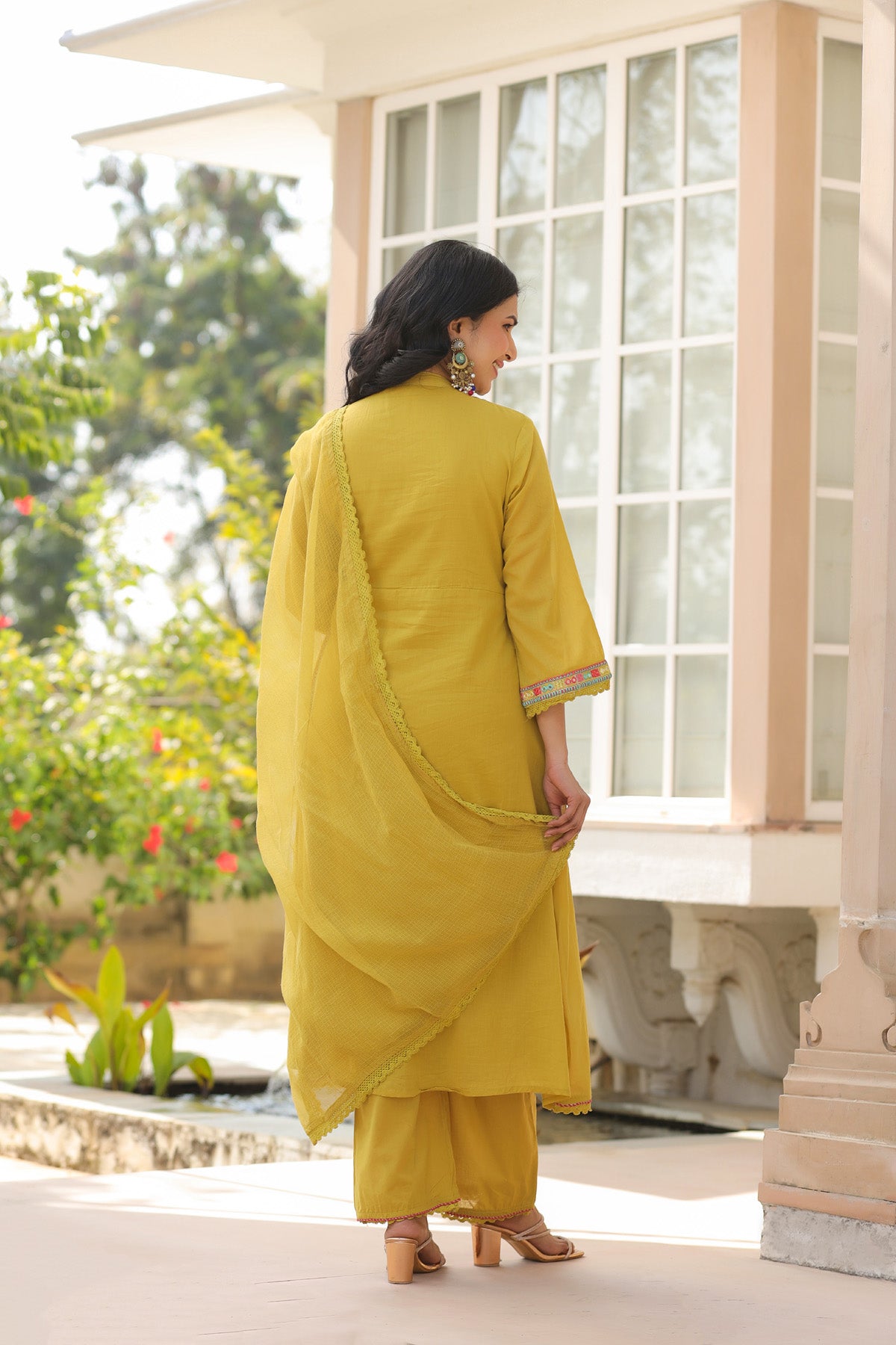 Yellow Mul Mul Embroidered Anarkali Suit Set With Dupatta