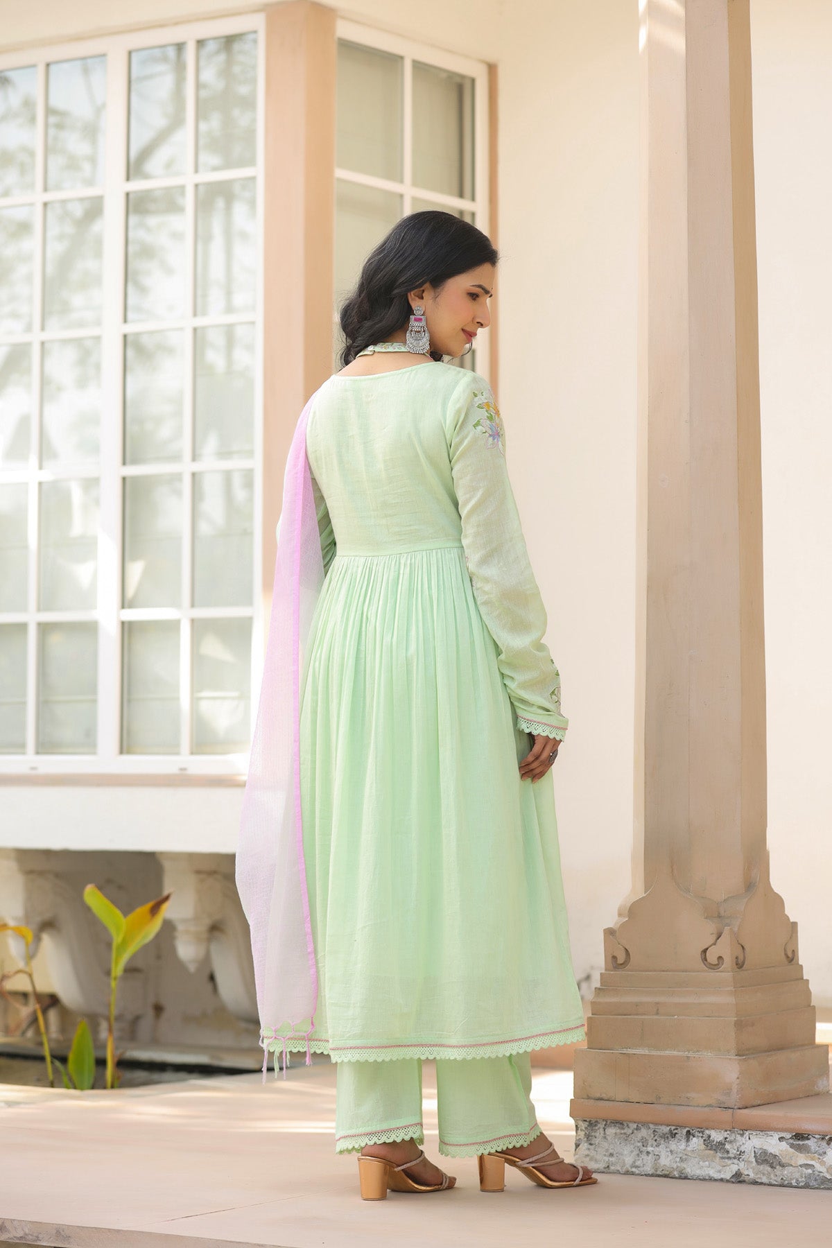 Green Mul Mul Embroidered Anarkali Suit Set With Dupatta
