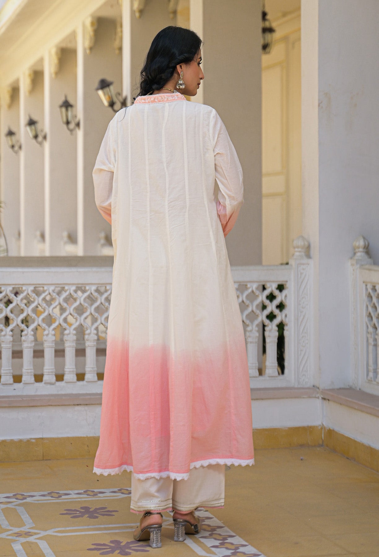 Pink Ombre  Mul Mul Embroidered Anarkali Suit Set With Dupatta