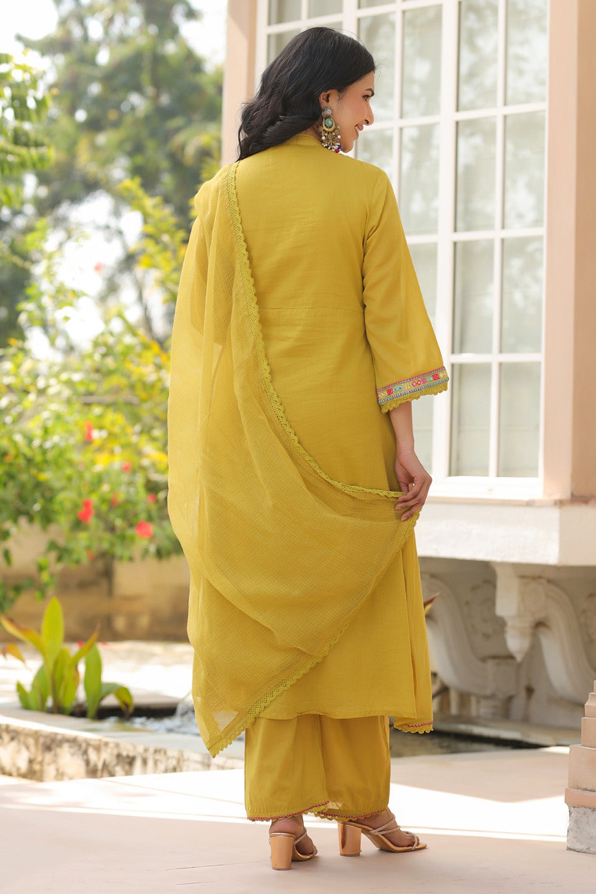 Yellow Mul Mul Embroidered Anarkali Suit Set With Dupatta