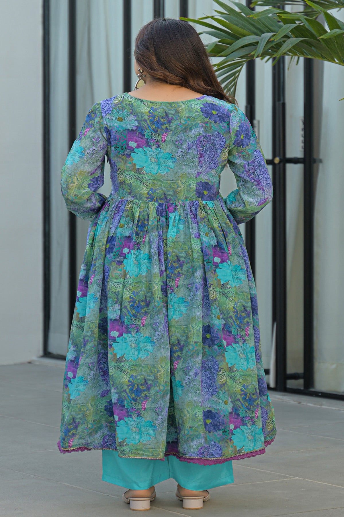 Blue Chinon Silk Handwork Anarkali Suit Set With Dupatta
