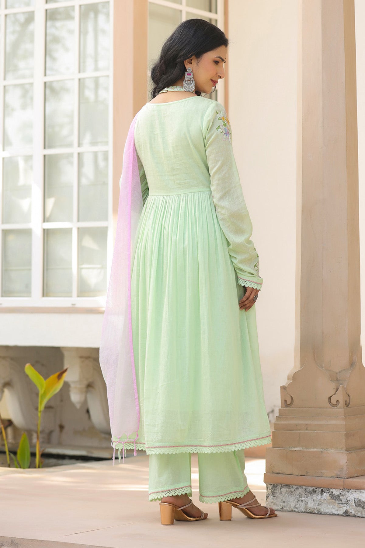 Green Mul Mul Embroidered Anarkali Suit Set With Dupatta