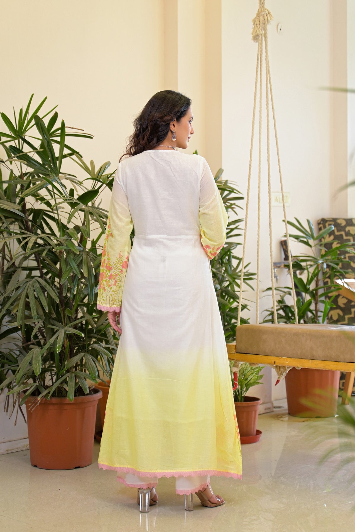 Yellow Mul Mul Embroidered Anarkali Suit Set With Dupatta
