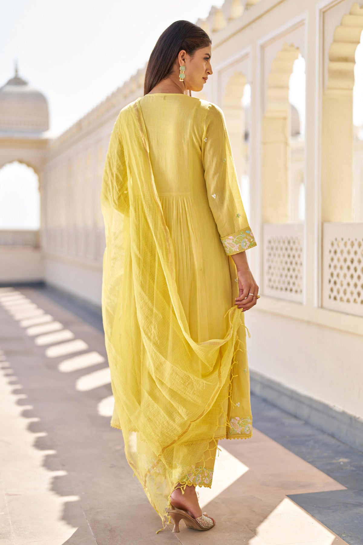 Yellow Mul Mul Embroidered Anarkali Suit Set With Dupatta
