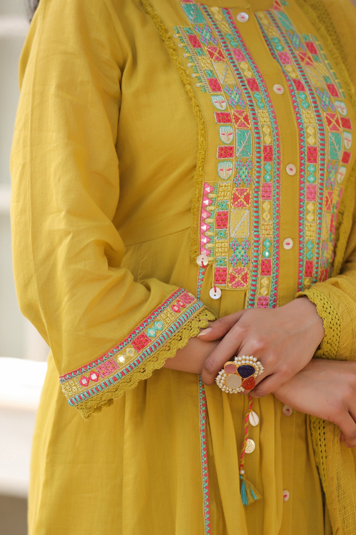 Yellow Mul Mul Embroidered Anarkali Suit Set With Dupatta