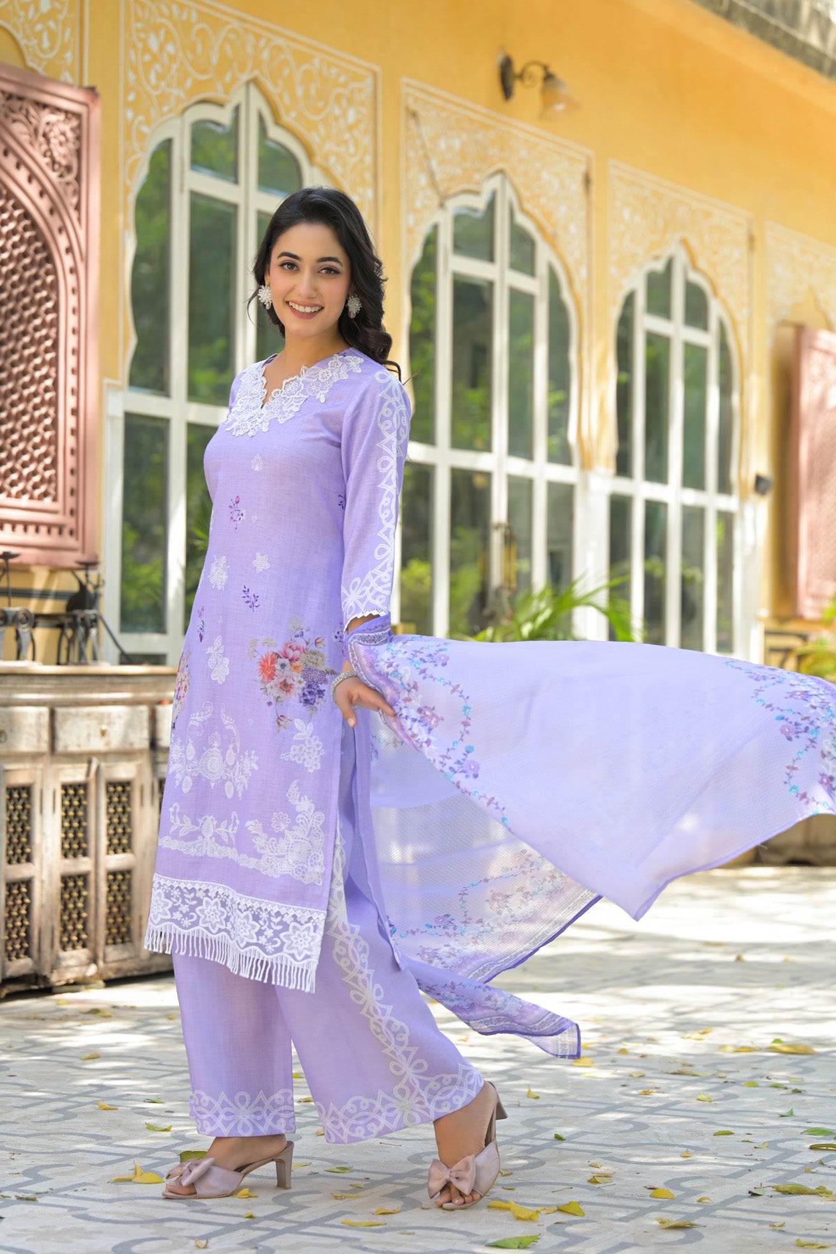 Lavender Embroidered Cotton Kurta Set With Dupatta