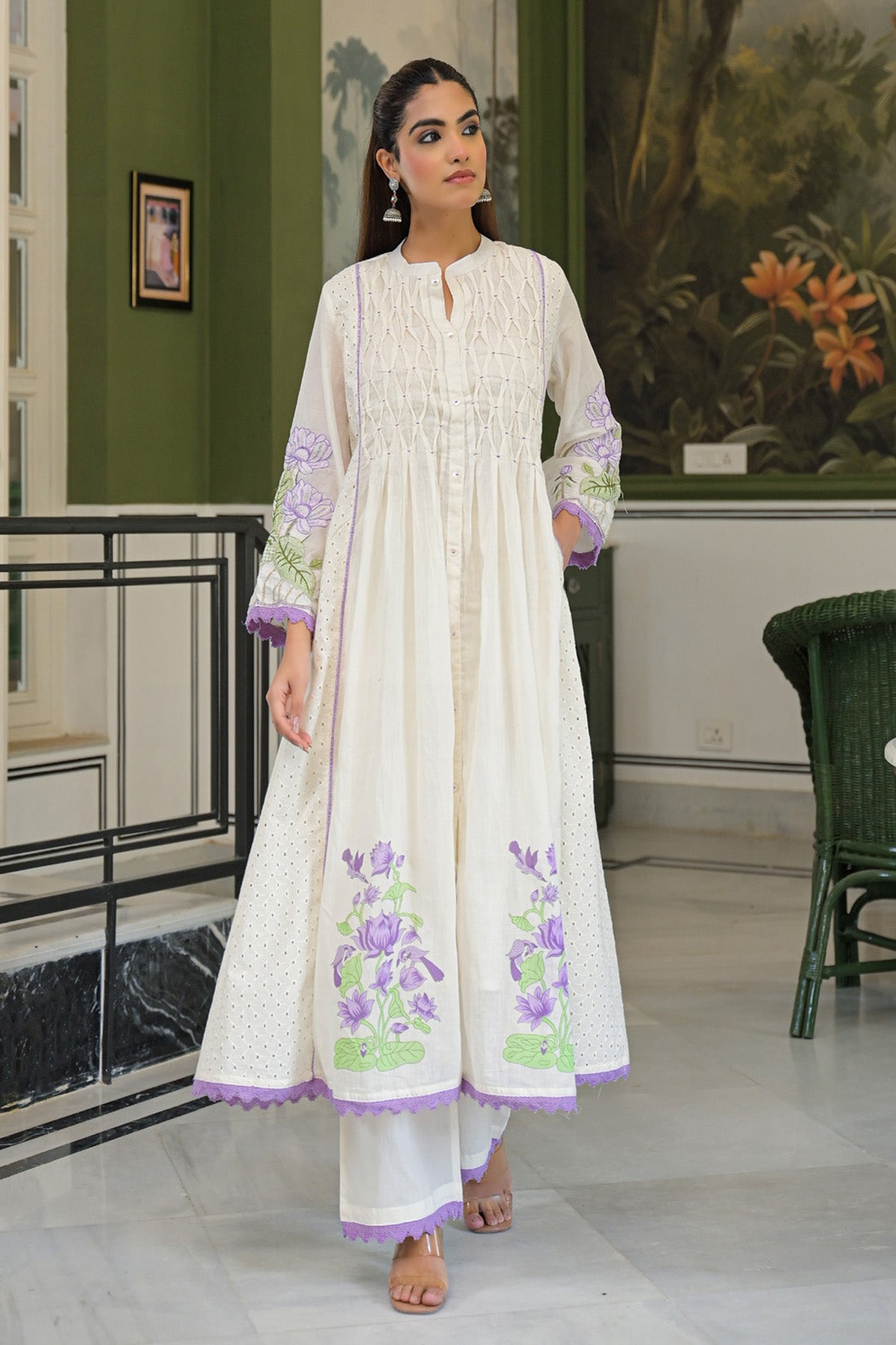 Purple Mul Mul Embroidered Anarkali Suit Set With Dupatta