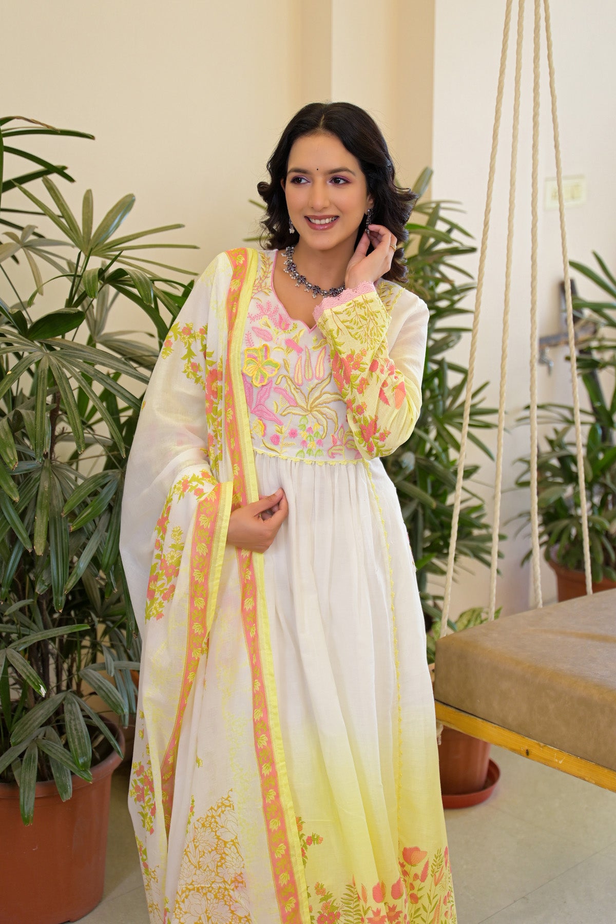Yellow Mul Mul Embroidered Anarkali Suit Set With Dupatta