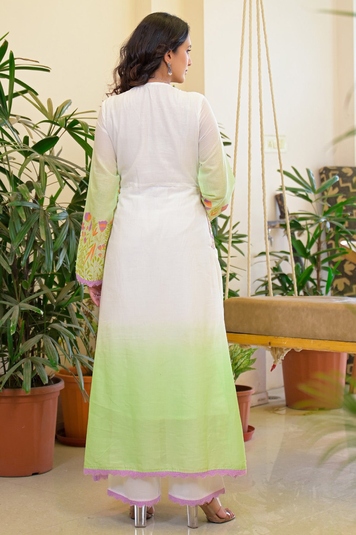 Green Ombre Mul Mul Embroidered Anarkali Suit Set With Dupatta
