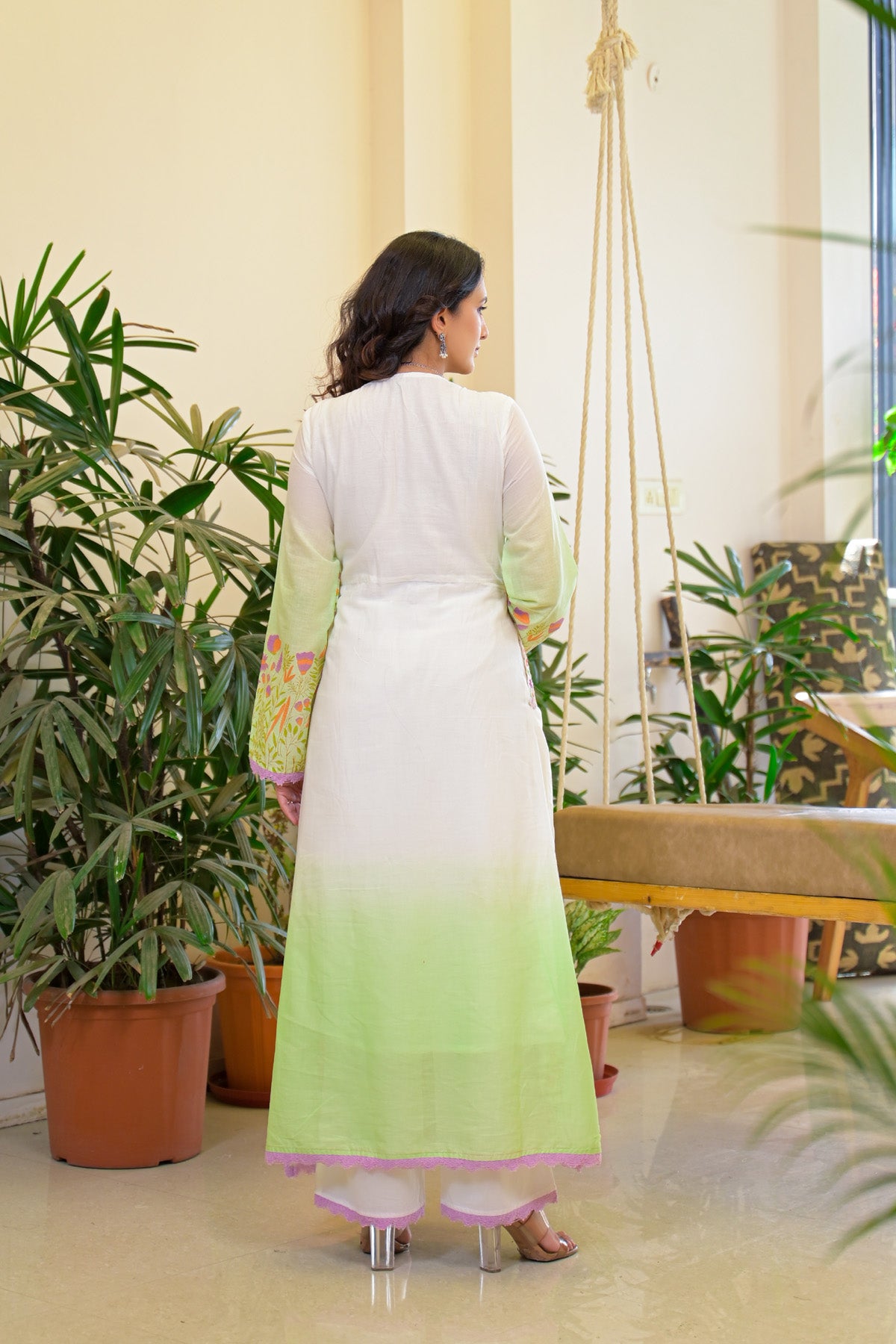 Green Mul Mul Embroidered Anarkali Suit Set With Dupatta