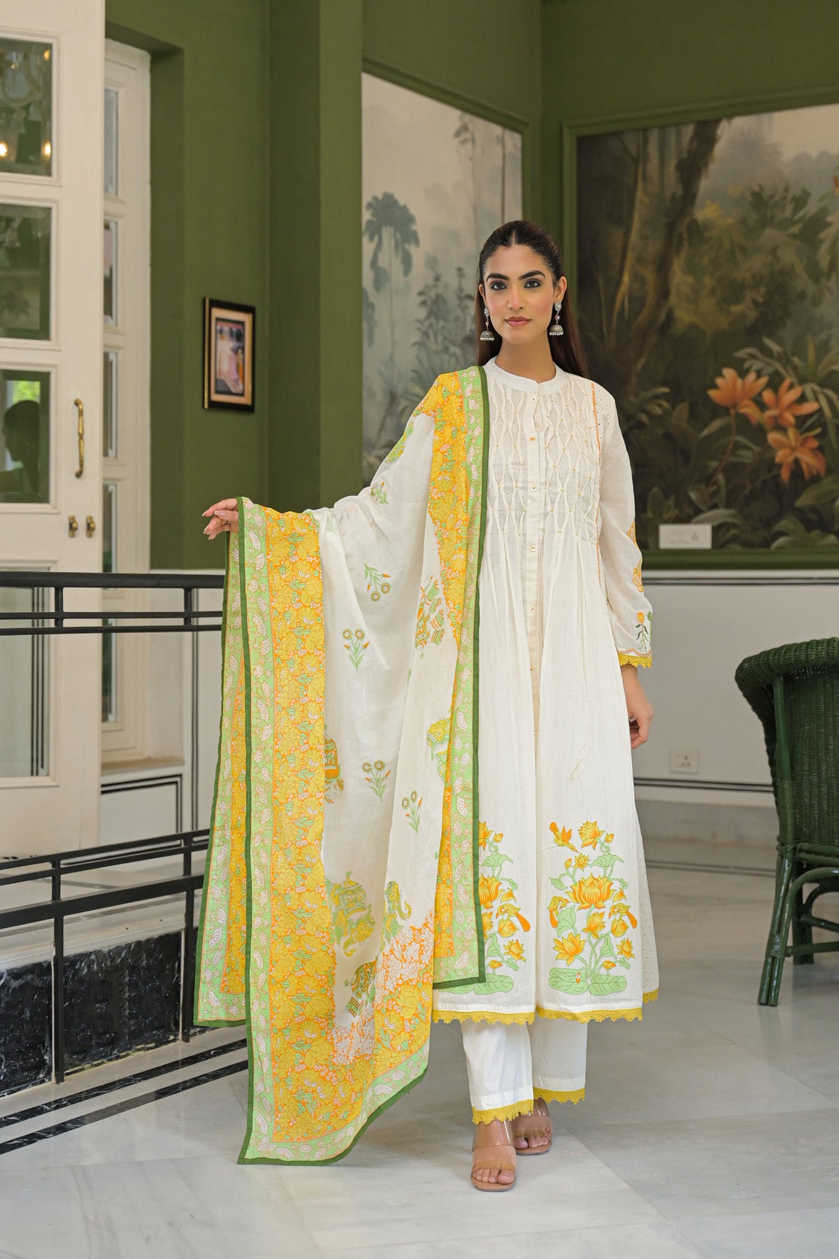 Yellow Mul Mul Printed Anarkali Suit Set With Dupatta