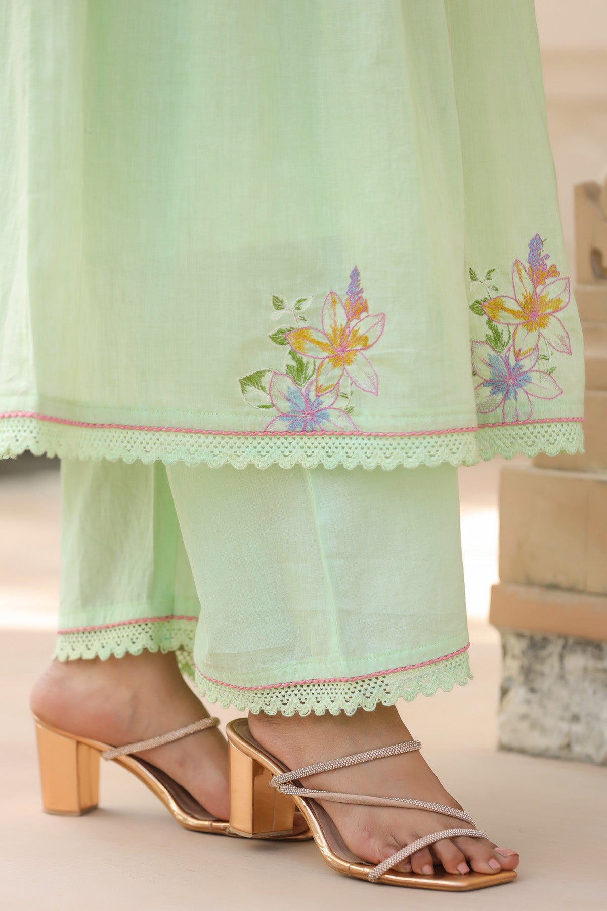 Green Mul Mul Embroidered Anarkali Suit Set With Dupatta
