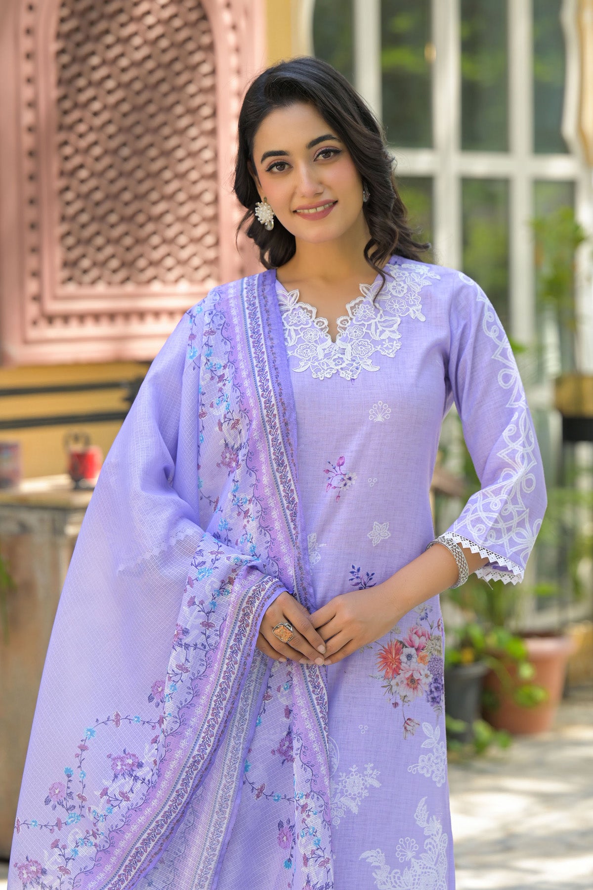 Lavender Embroidered Cotton Kurta Set With Dupatta