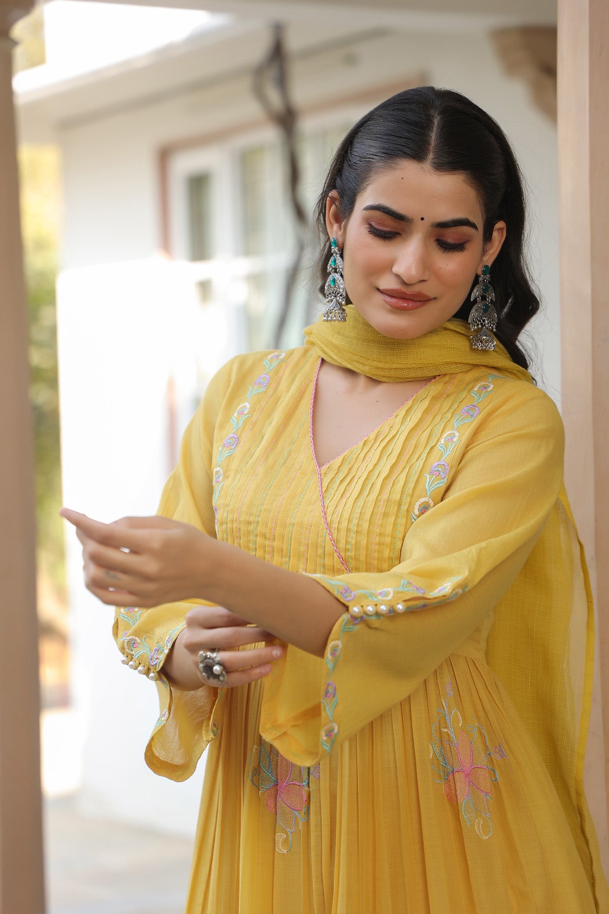 Yellow Mul Mul Embroidered Anarkali Suit Set With Dupatta