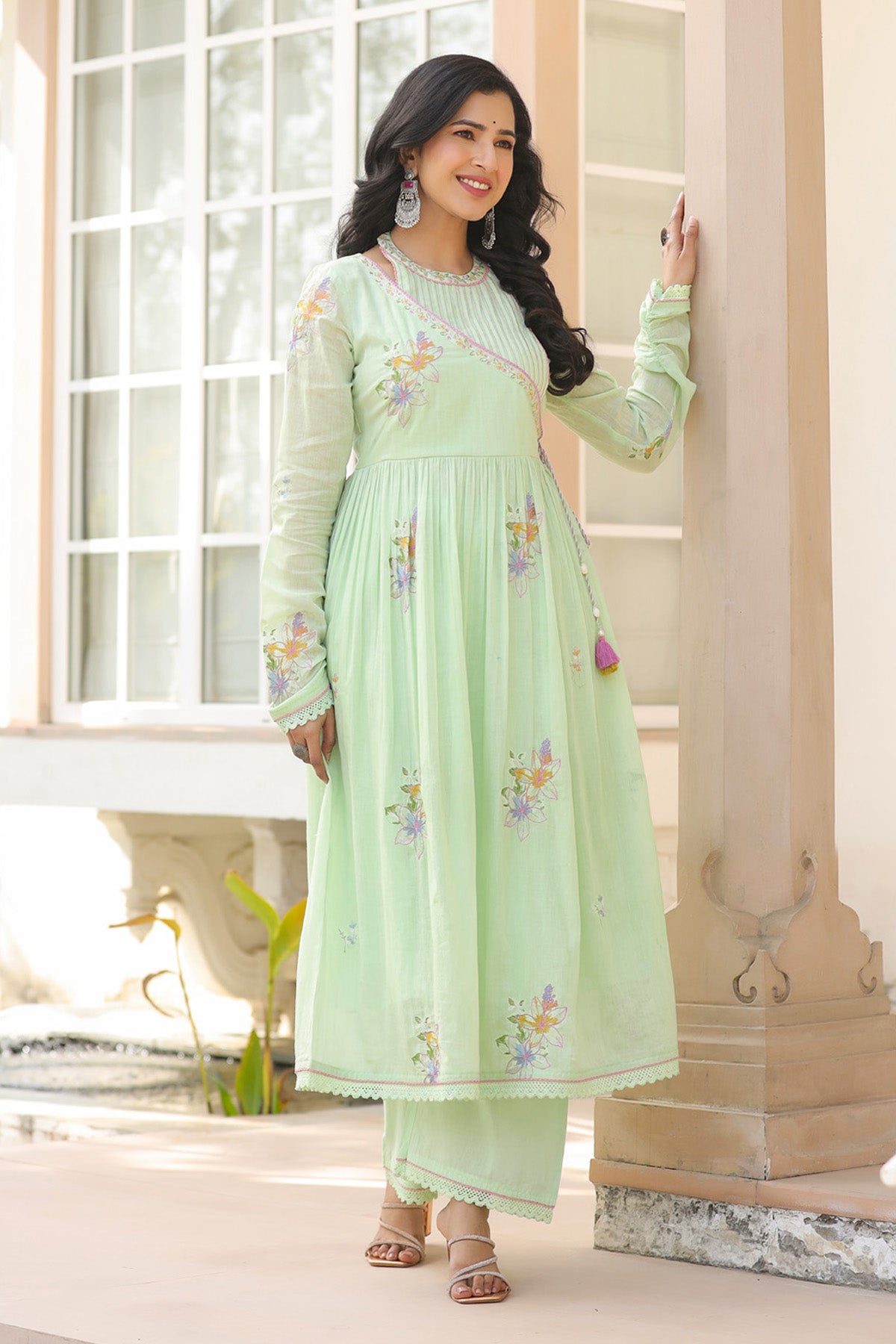 Green Mul Mul Embroidered Anarkali Suit Set With Dupatta