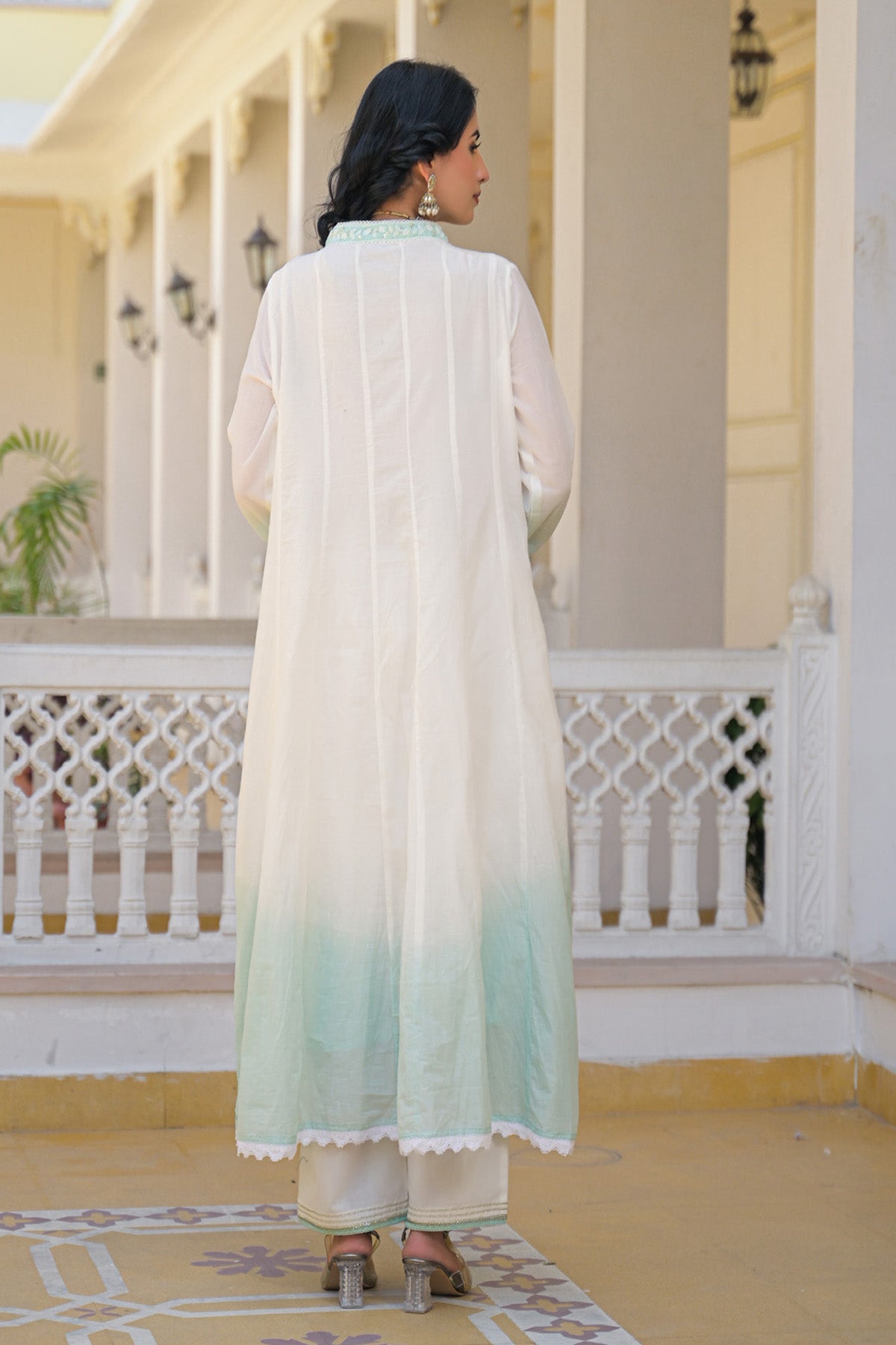 Sky Blue Ombre Mul Mul Embroidered Anarkali Suit Set With Dupatta