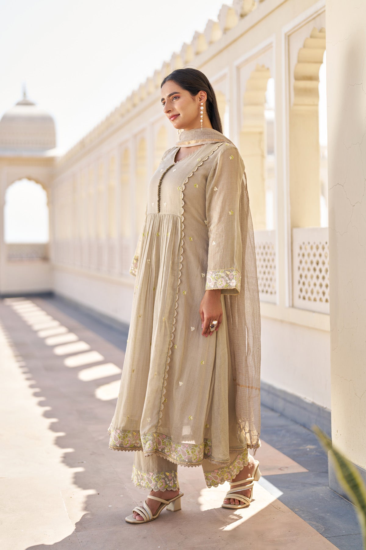 Brown Mul Mul Embroidered Anarkali Suit Set With Dupatta