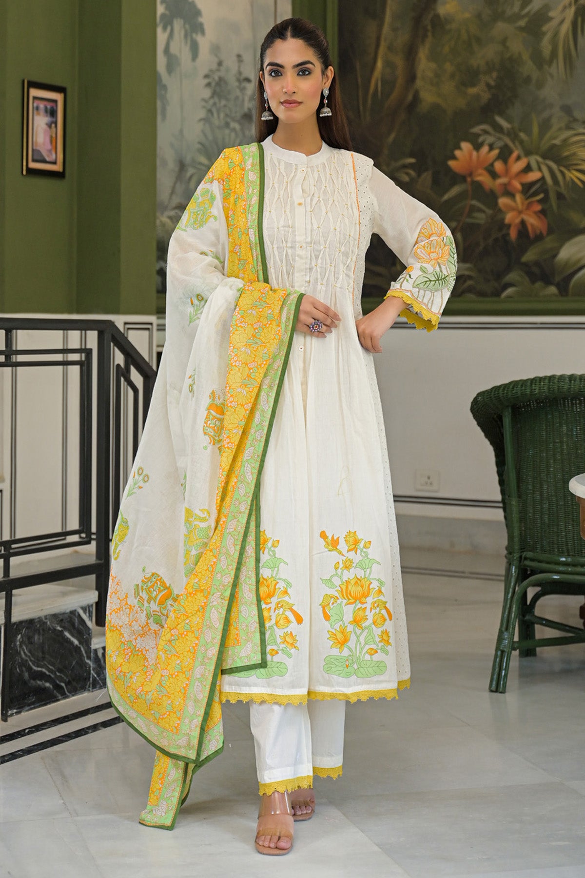 Yellow Mul Mul Printed Anarkali Suit Set With Dupatta