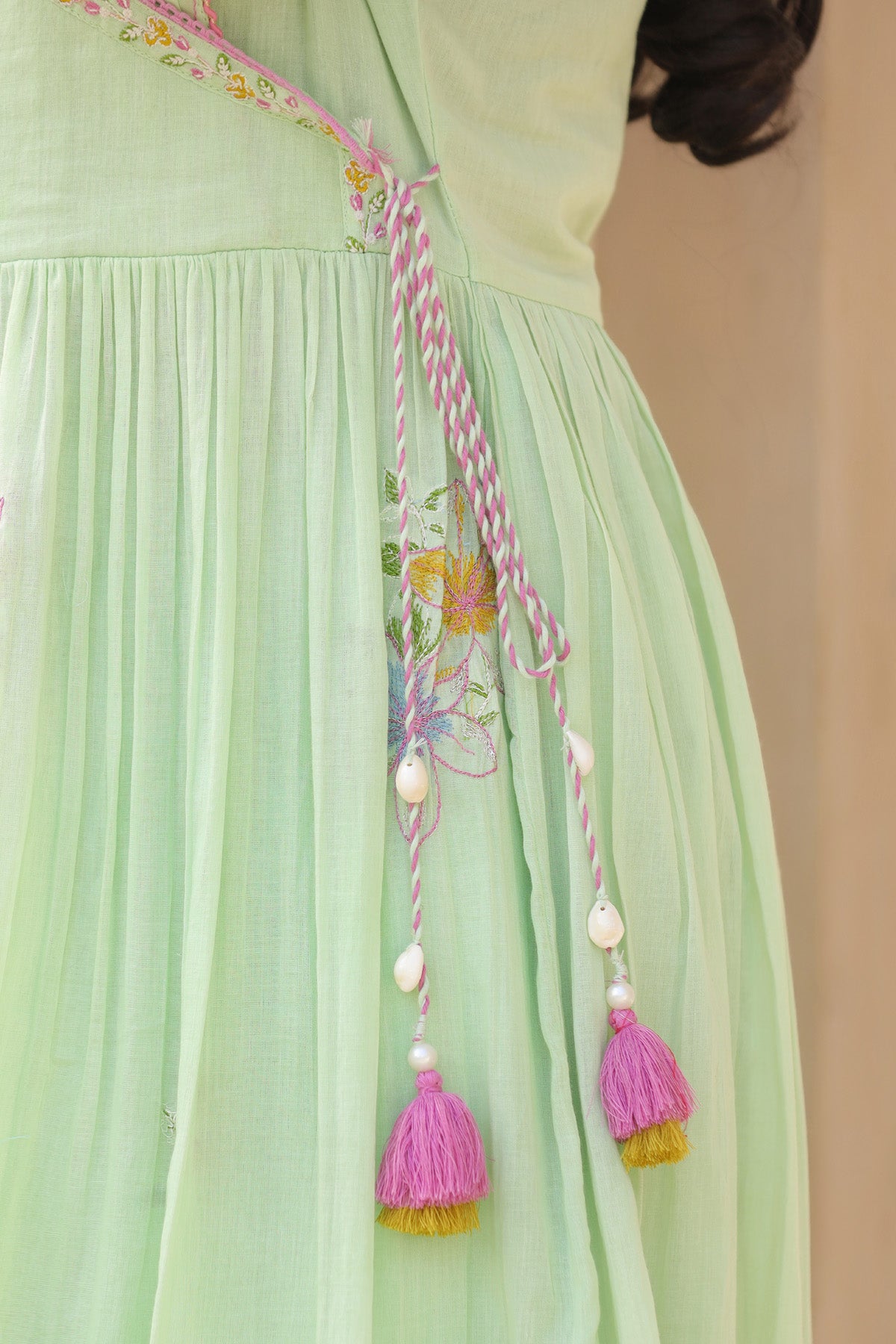 Green Mul Mul Embroidered Anarkali Suit Set With Dupatta