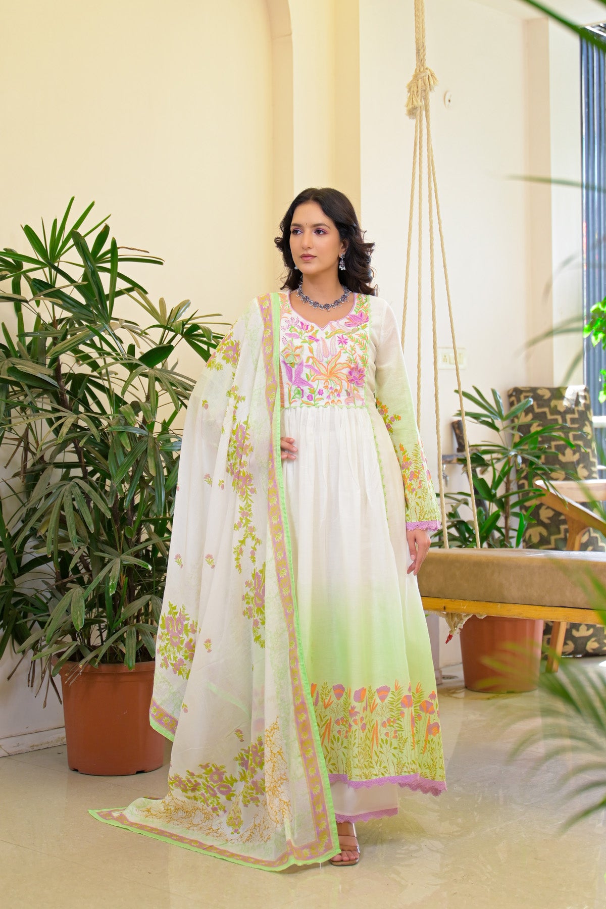 Green Mul Mul Embroidered Anarkali Suit Set With Dupatta