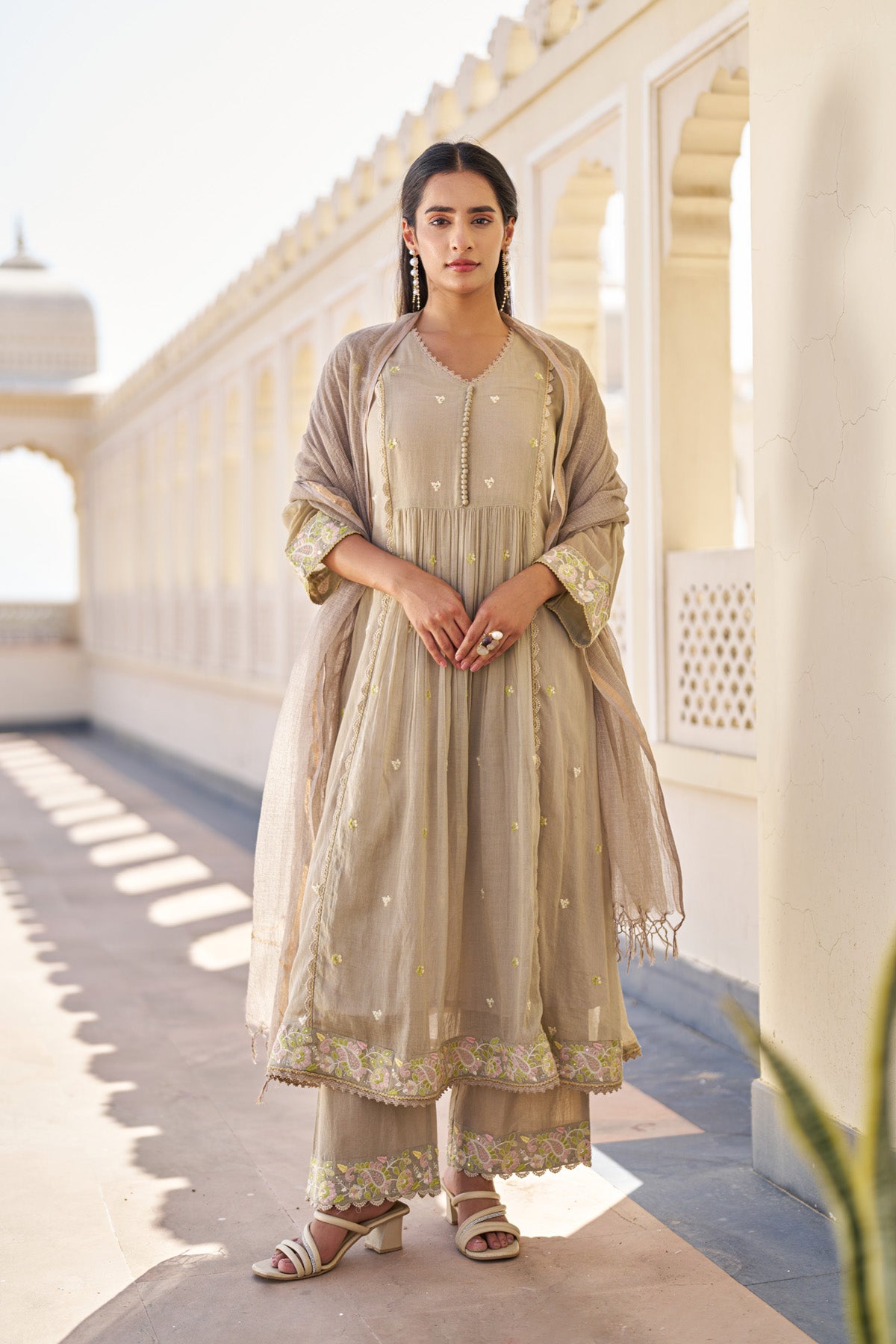 Brown Mul Mul Embroidered Anarkali Suit Set With Dupatta