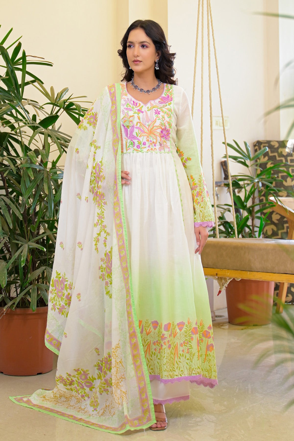 Green Mul Mul Embroidered Anarkali Suit Set With Dupatta