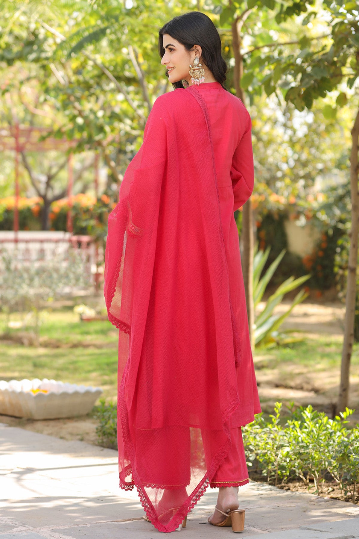 Red Mul Mul Embroidered Anarkali Suit Set With Dupatta