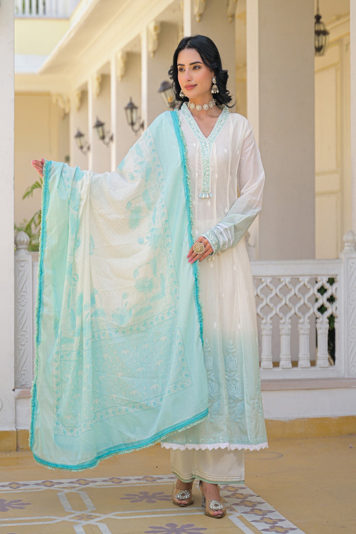 Sky Blue Ombre Mul Mul Embroidered Anarkali Suit Set With Dupatta