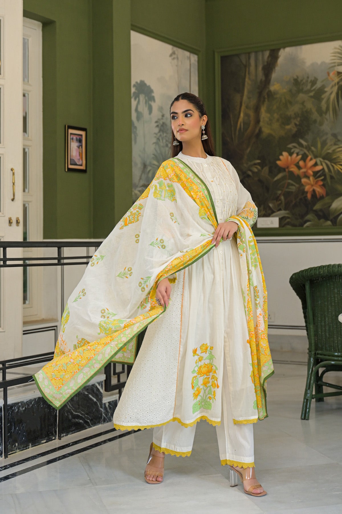 Yellow Mul Mul Printed Anarkali Suit Set With Dupatta