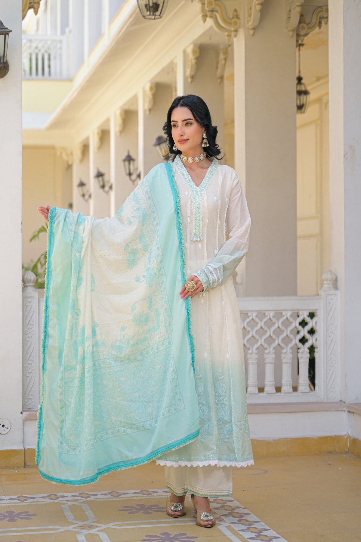 Sky Blue Mul Mul Embroidered Anarkali Suit Set With Dupatta