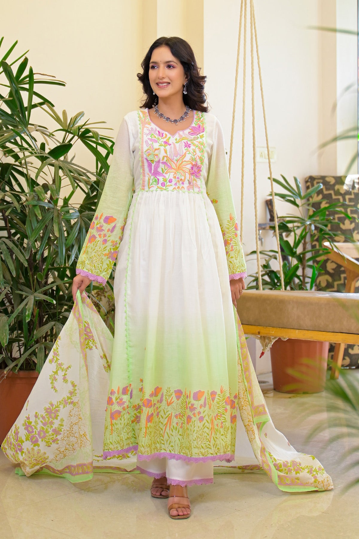 Green Ombre Mul Mul Embroidered Anarkali Suit Set With Dupatta