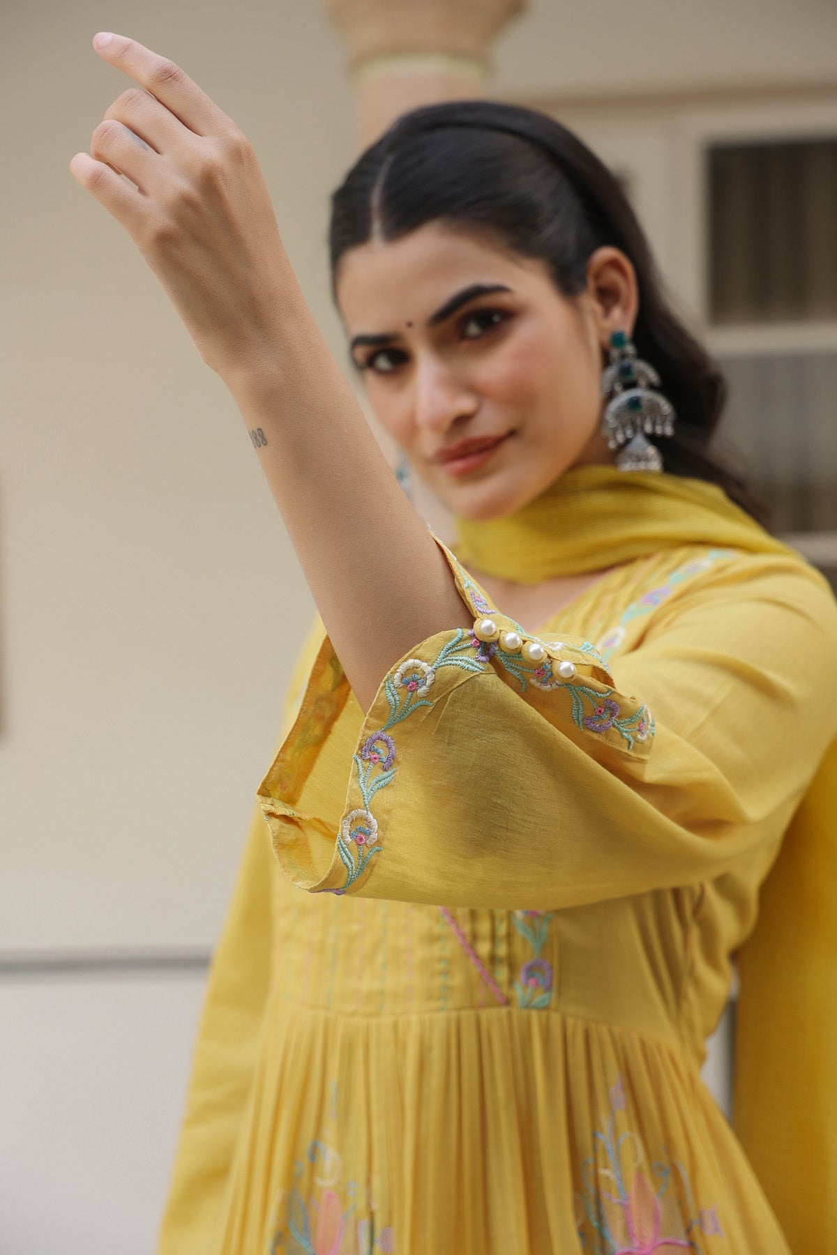 Yellow Mul Mul Embroidered Anarkali Suit Set With Dupatta