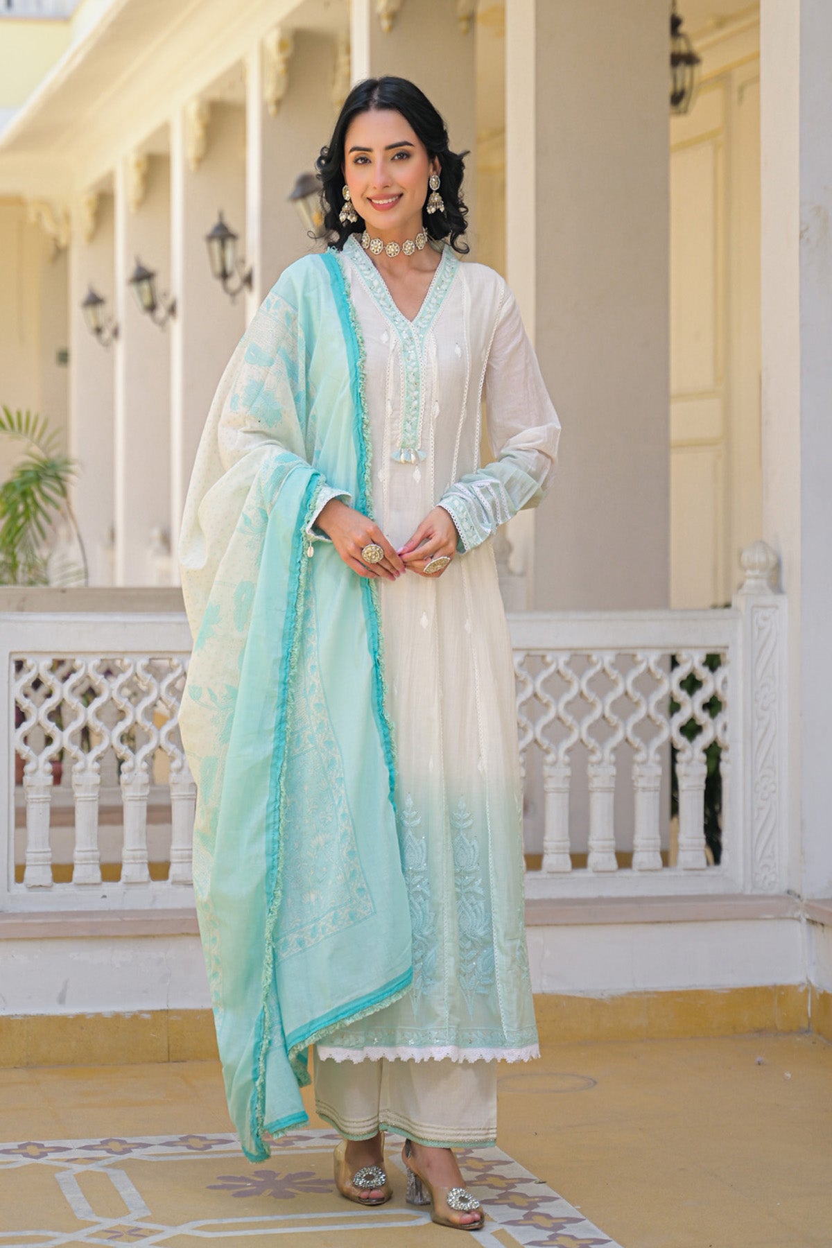 Sky Blue Ombre Mul Mul Embroidered Anarkali Suit Set With Dupatta