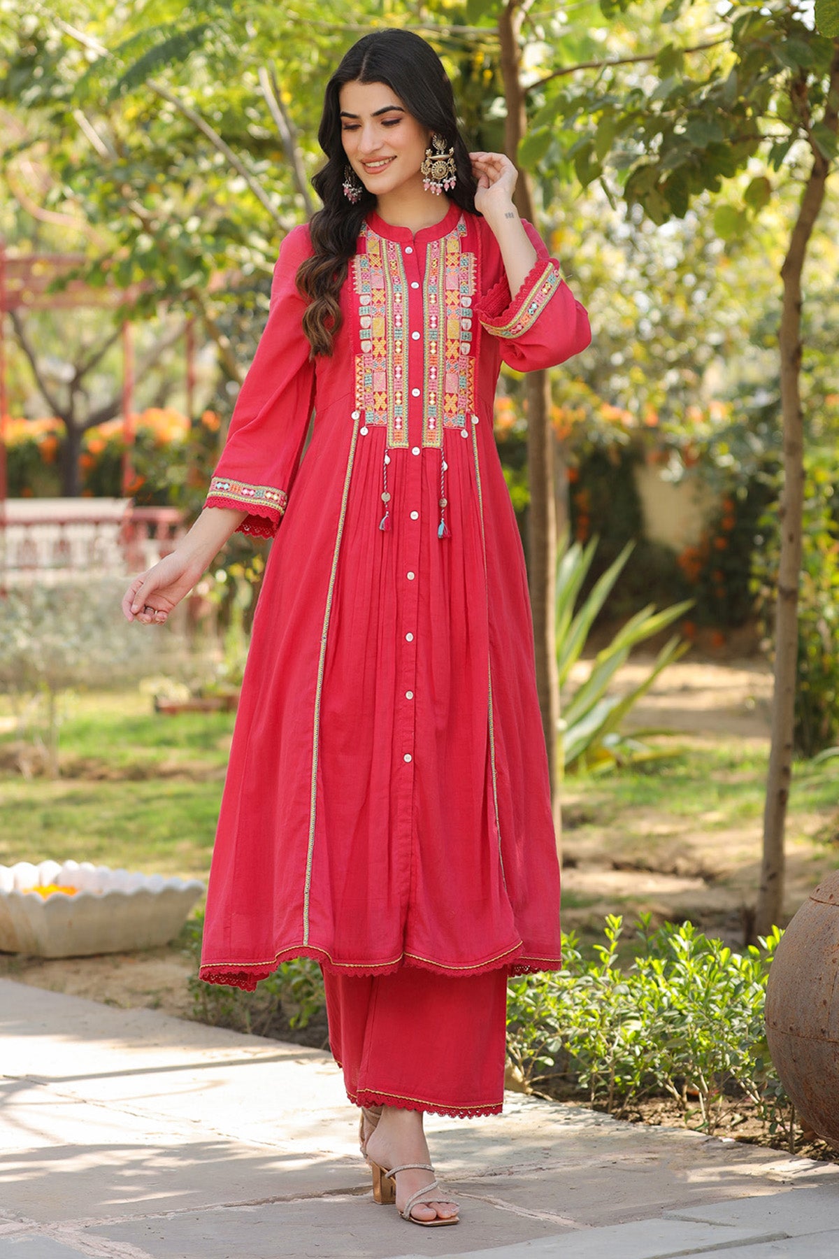 Red Mul Mul Embroidered Anarkali Suit Set With Dupatta