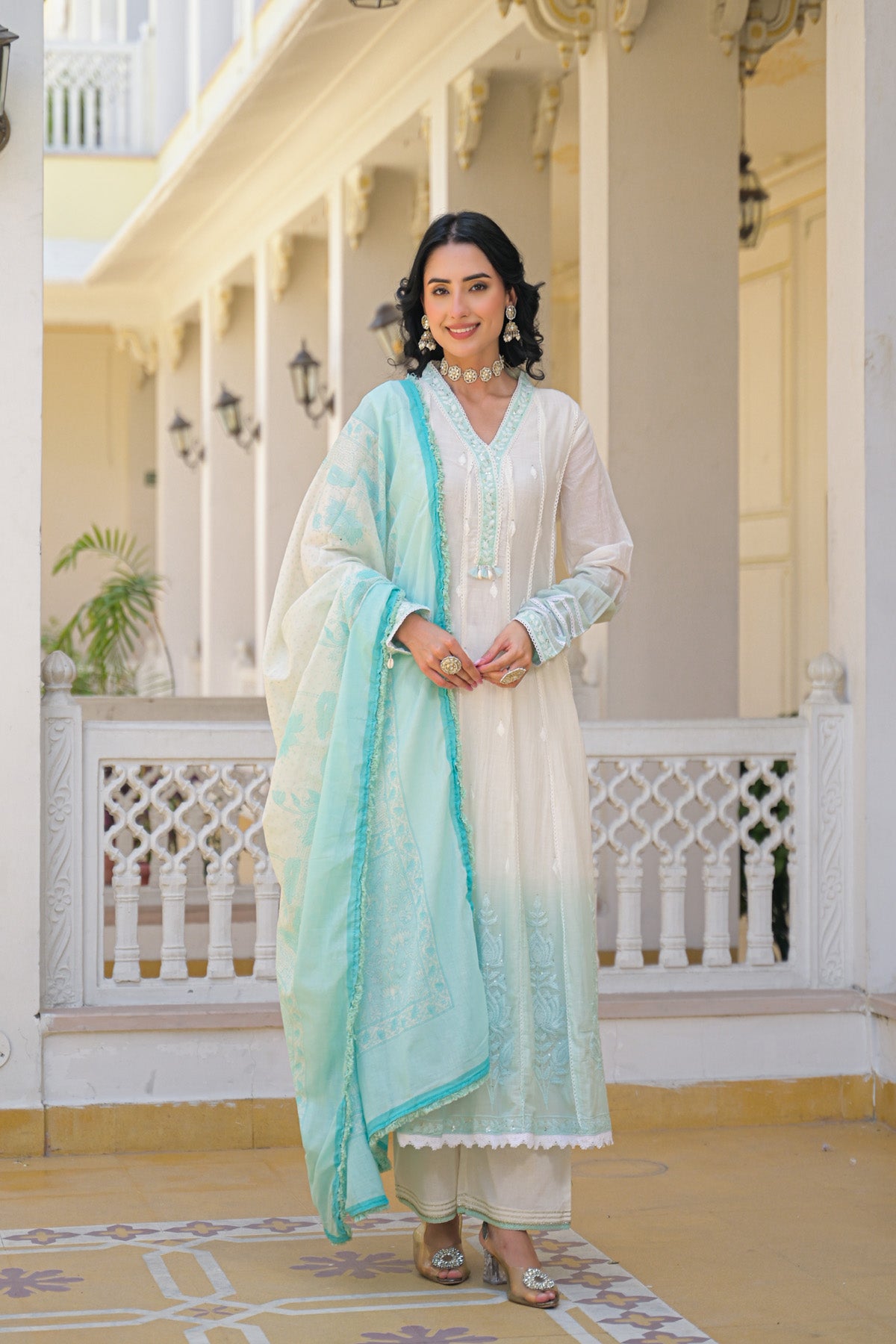 Sky Blue Mul Mul Embroidered Anarkali Suit Set With Dupatta