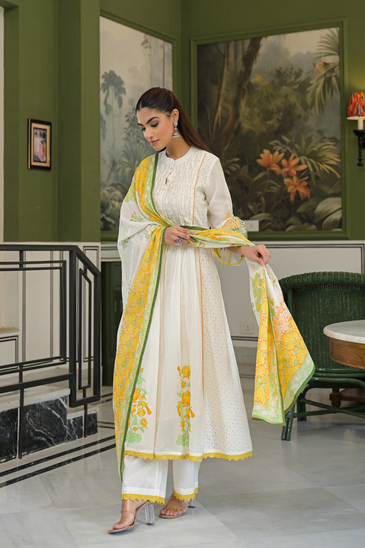 Yellow Mul Mul Printed Anarkali Suit Set With Dupatta