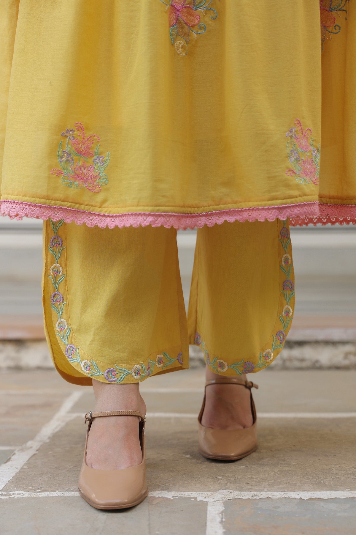 Yellow Mul Mul Embroidered Anarkali Suit Set With Dupatta