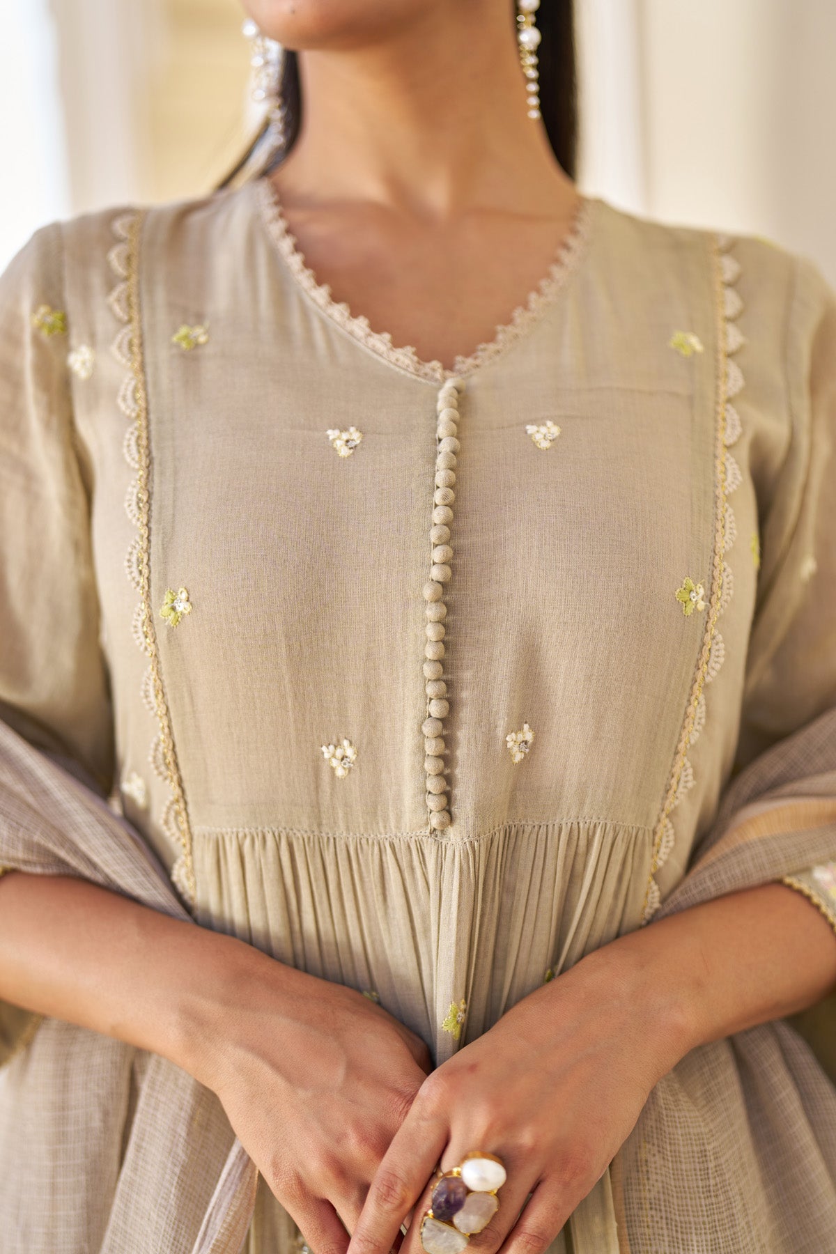 Brown Mul Mul Embroidered Anarkali Suit Set With Dupatta
