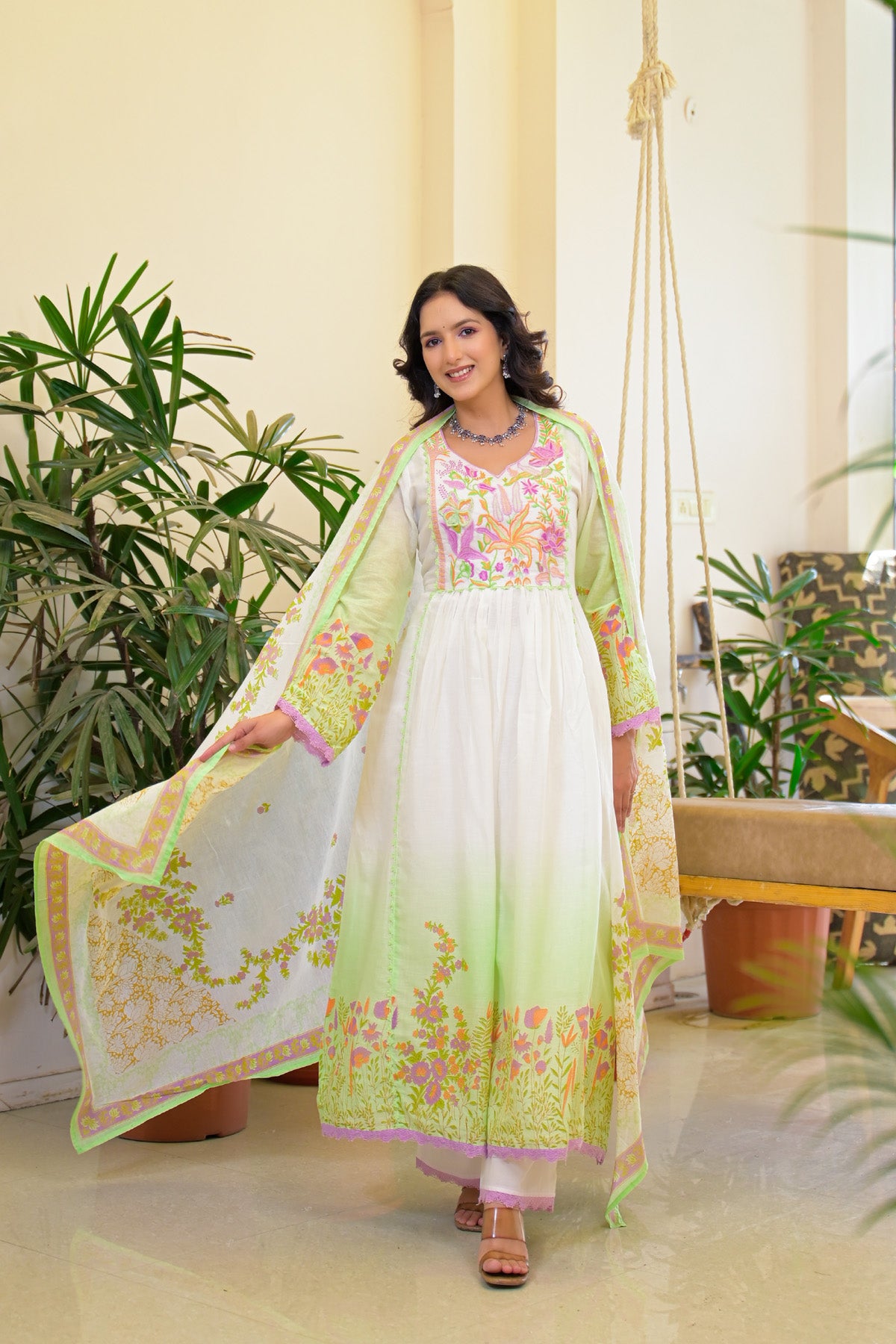 Green Mul Mul Embroidered Anarkali Suit Set With Dupatta