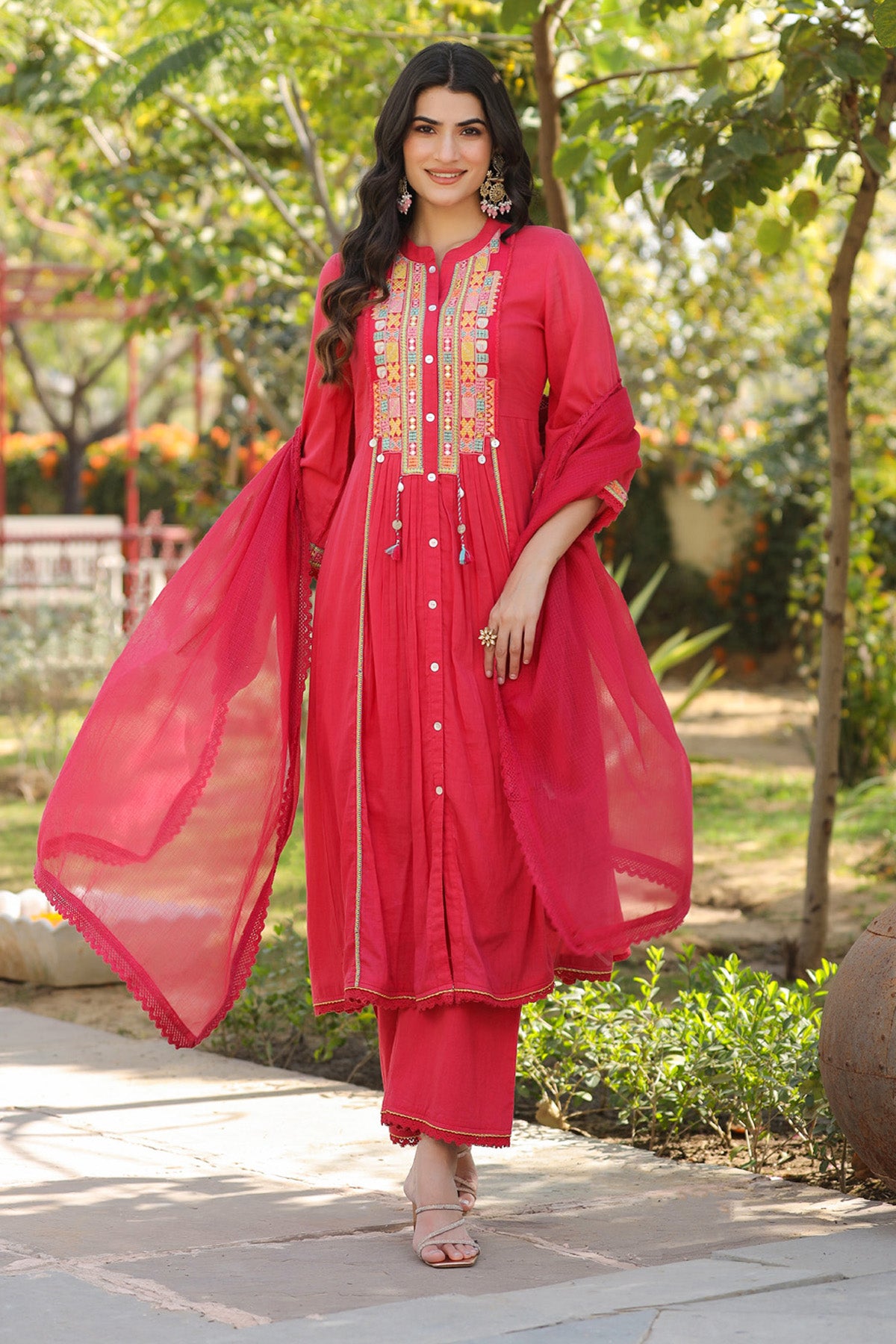 Red Mul Mul Embroidered Anarkali Suit Set With Dupatta