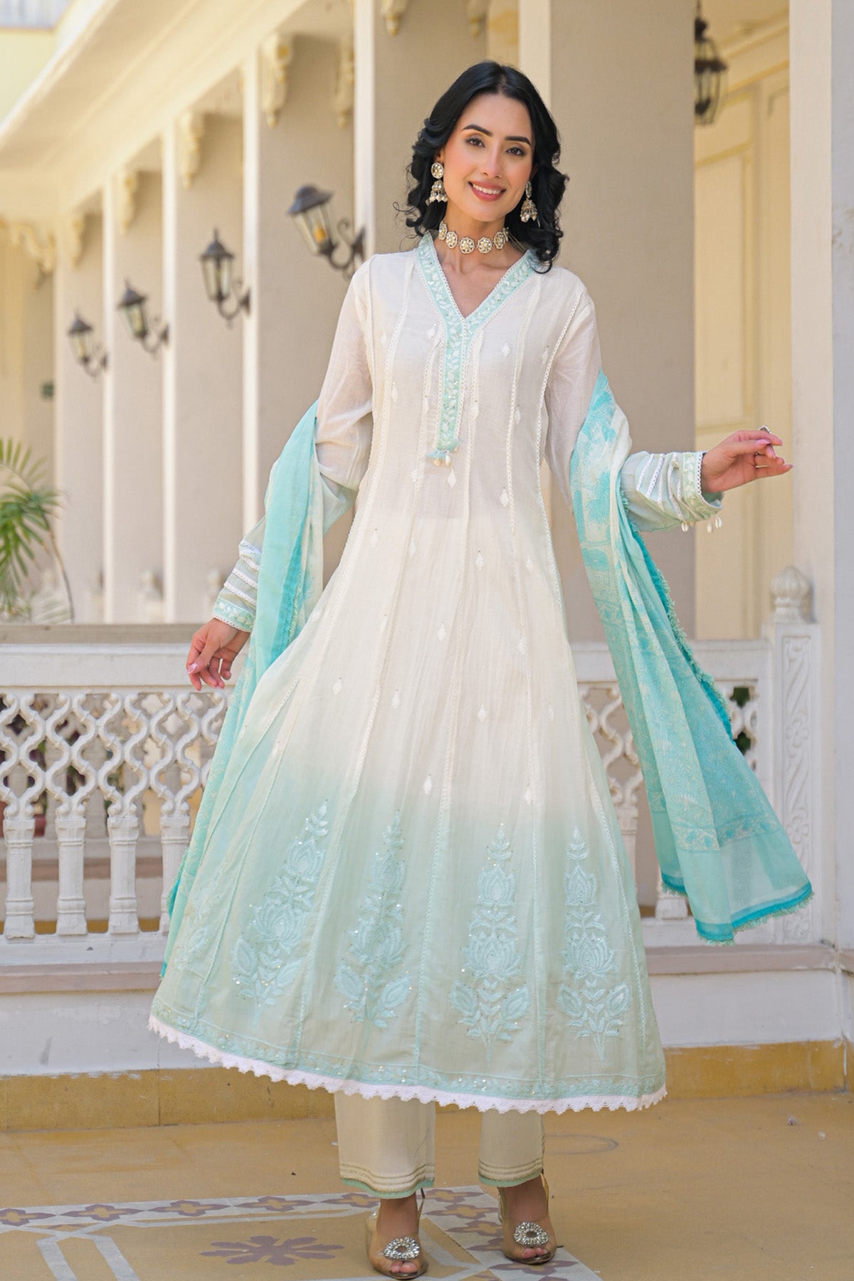 Sky Blue Ombre Mul Mul Embroidered Anarkali Suit Set With Dupatta