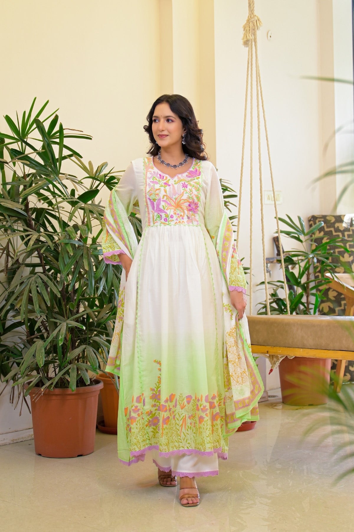 Green Mul Mul Embroidered Anarkali Suit Set With Dupatta